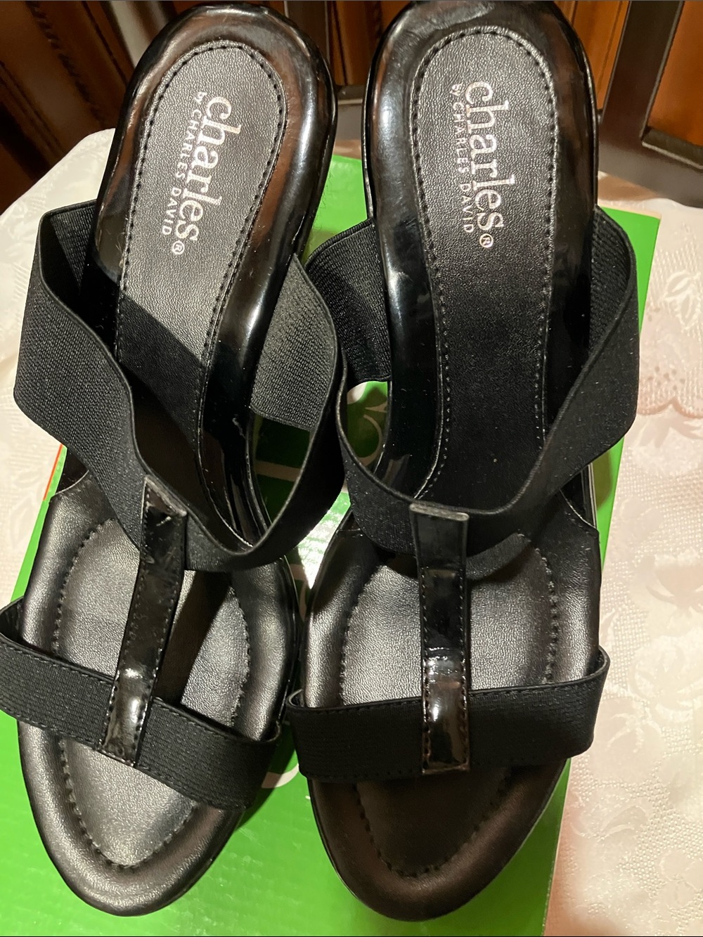 Charles by Charles David Black Elastic-Strap Wedge Sandals